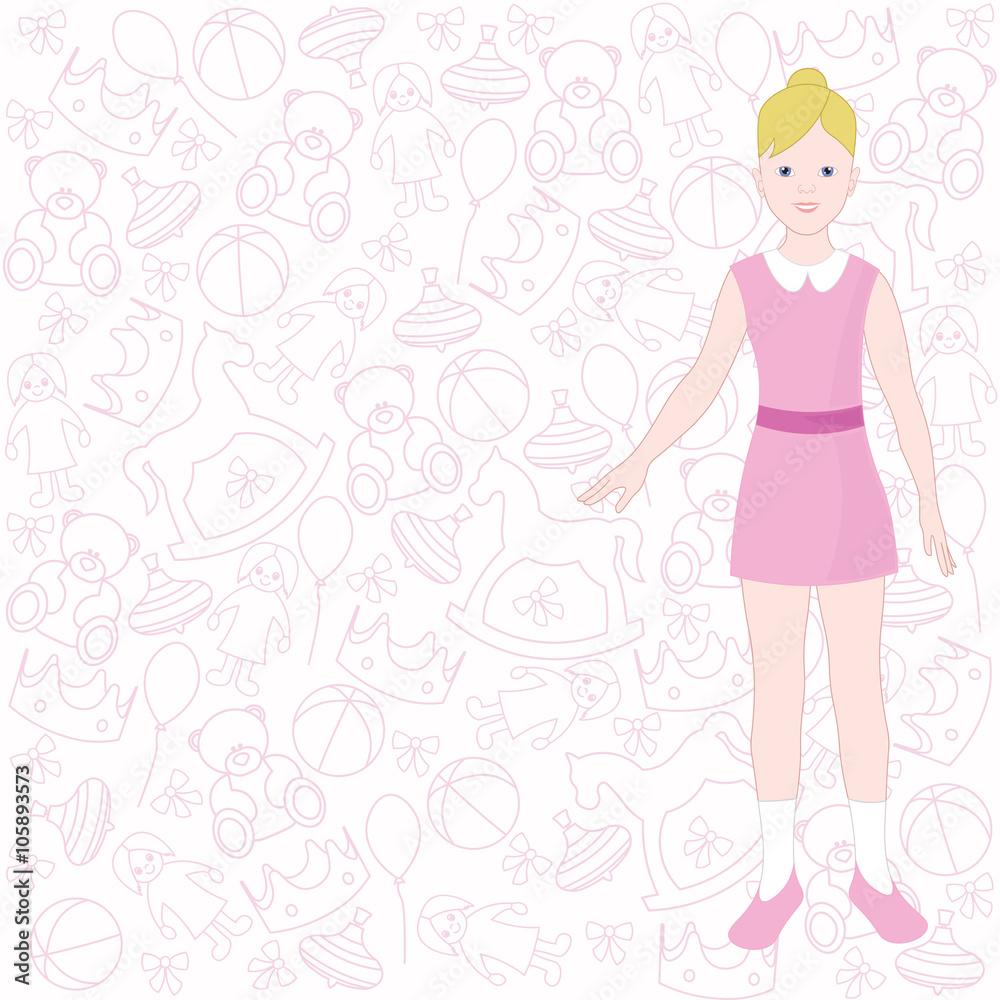 Cute girl on The background for girl. Pink background with cute items for child. Blond girl in dress. Cute girl on The background for girl. Pink background with cute items for child. Blond girl in dress.