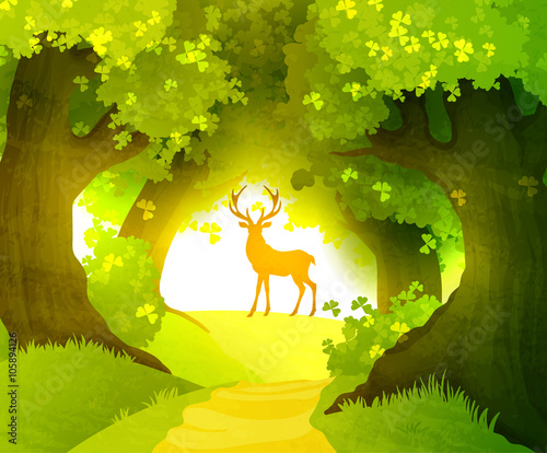 Deer in magic forest standing in front of rising sun