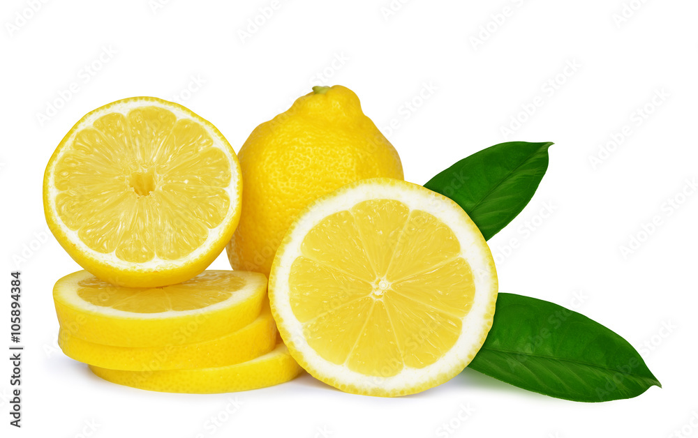 Lemons with green leaves isolated on white background