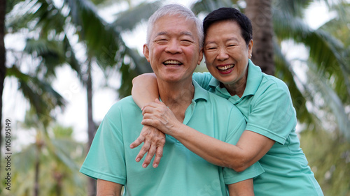close up potrait of Asian senior couple on bright green backgrou