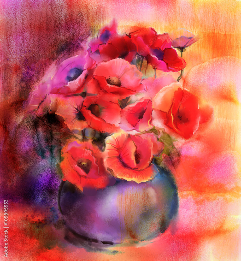 Obraz premium Watercolor painting Still life of red and pink color flower. Colorful Bouquet of poppy flowers in vase