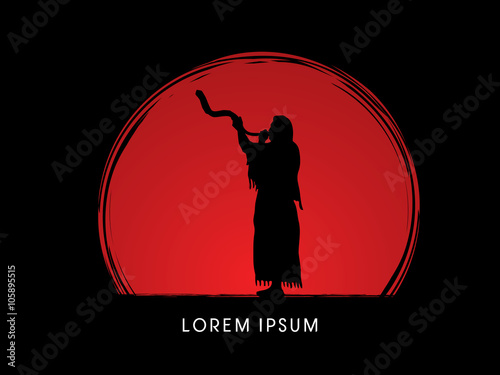 A Man Blowing the shofar , designed on sunset background graphic vector. photo