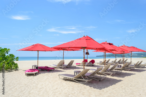 beach chair and Red Umbrella on the Bang Tao beach   Phuket in Thailand