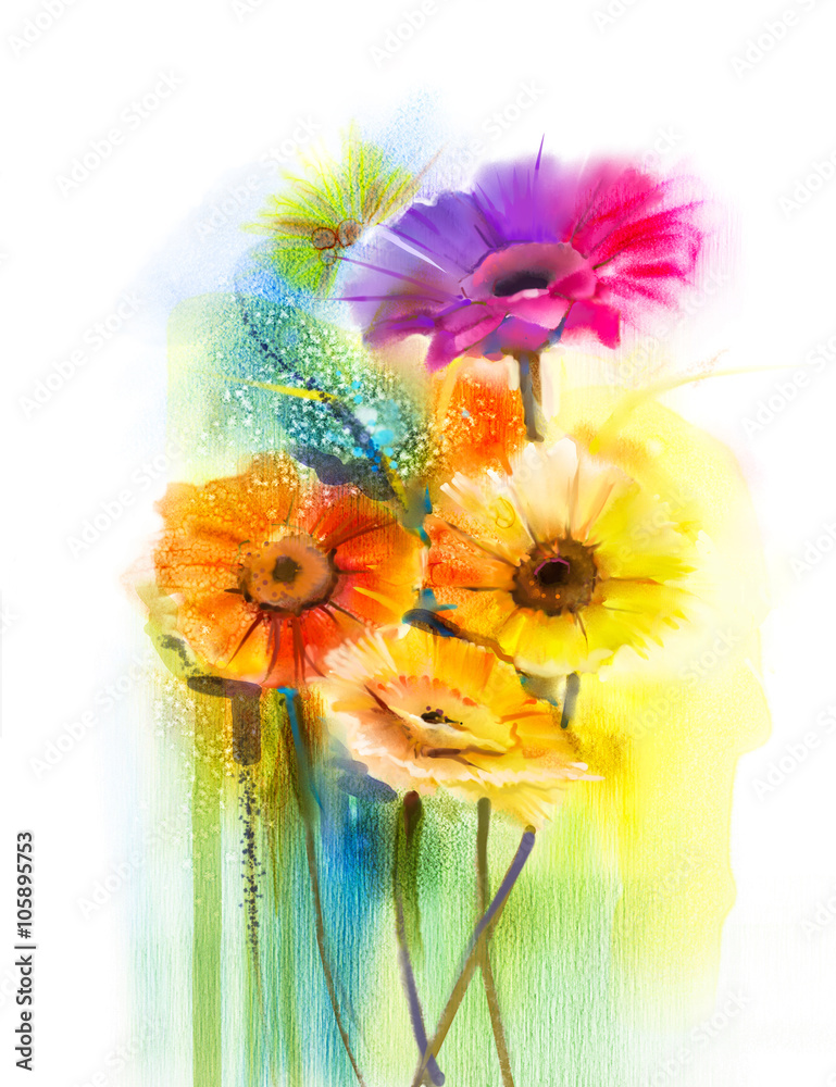 Obraz premium Abstract flowers watercolor painting. Hand paint still life of Yellow, Pink and Red color daisy- gerbera floral in soft color on white yellow, green color background. Spring flower nature background