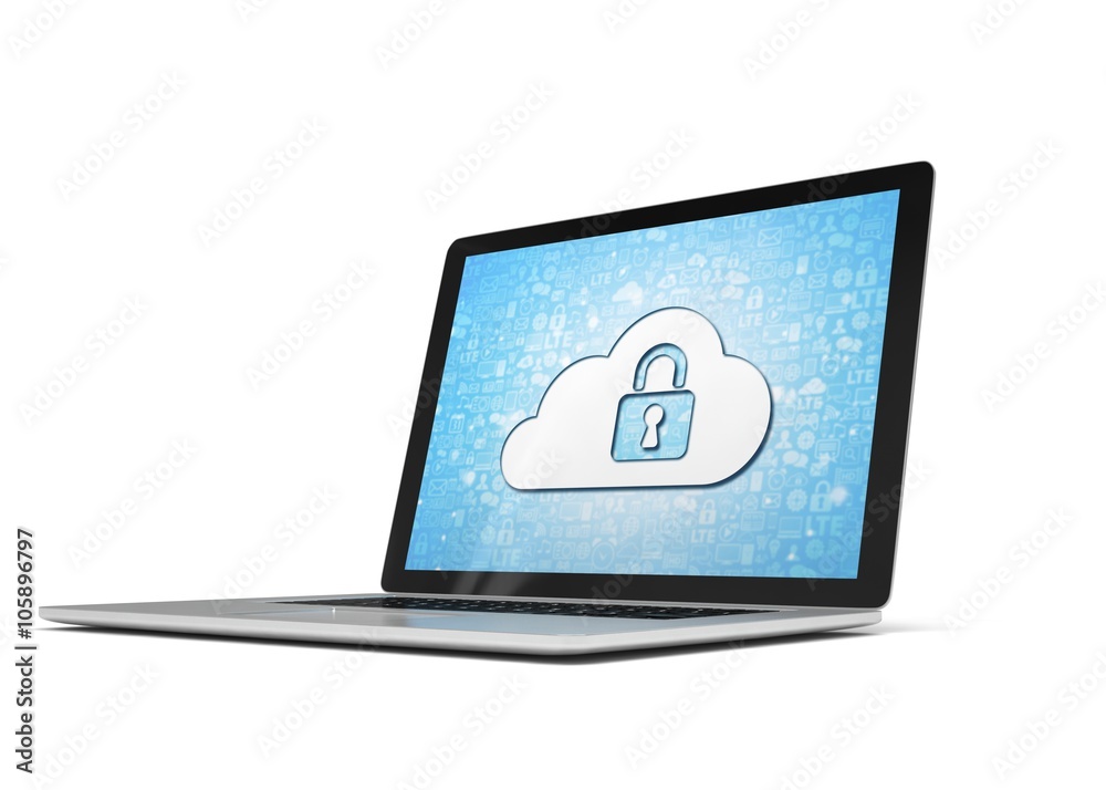 3d rendering of a laptop with cloud security concept 3d rendering of a laptop with cloud security concept