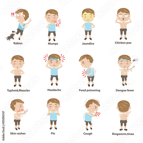 ill child Sick child character sets. Cartoon Vector illustration.
