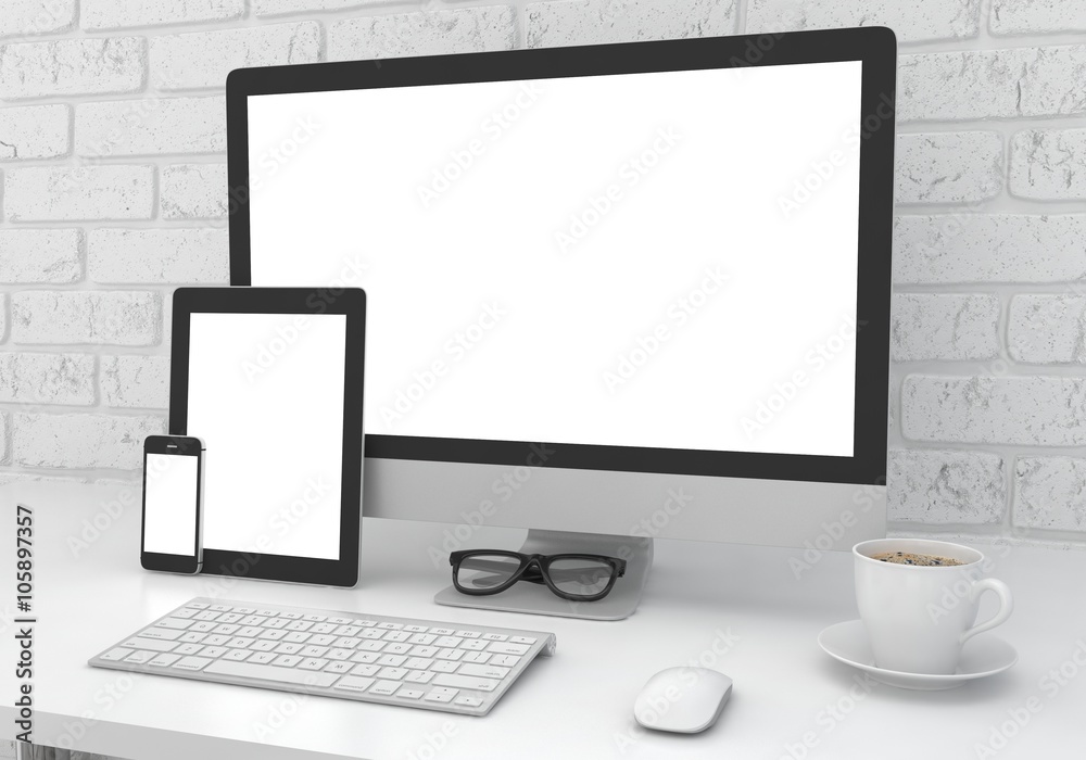 Responsive mockup screen. Monitor, tablet, phone on table in office. Responsive mockup screen. Monitor, tablet, phone on table in office.