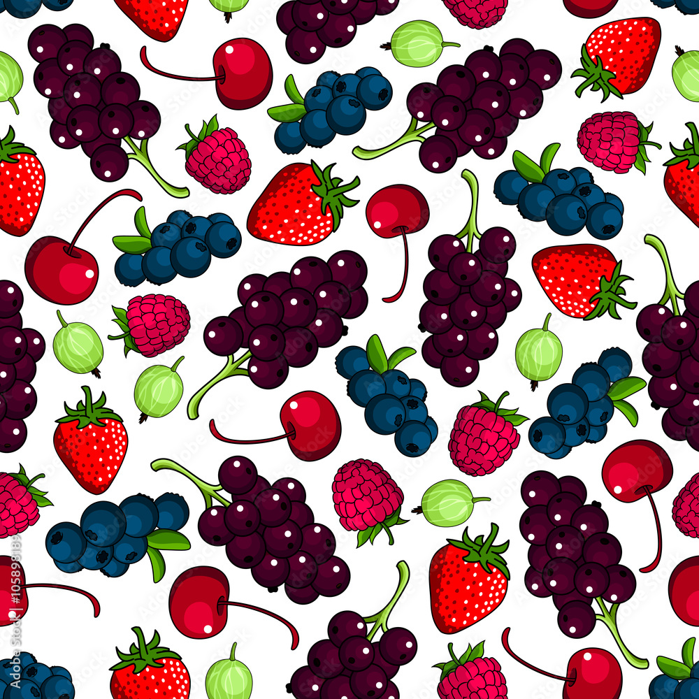 Fresh berries background with seamless pattern of sweet strawberry and raspberry, cherry and blueberry, black currant bunches and gooseberry fruits. Agriculture or vegetarian dessert recipe design Fresh berries background with seamless pattern of sweet strawberry and raspberry, cherry and blueberry, black currant bunches and gooseberry fruits. Agriculture or vegetarian dessert recipe design