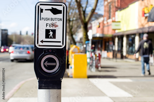Fényképezés Crosswalk Signal Button. Seattle, WA