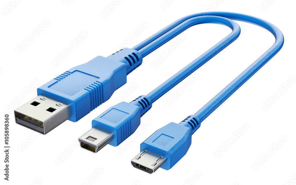 Blue USB plugs (Micro-B, Mini-B, Standard-A) on white background