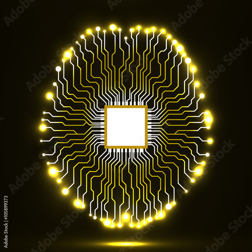 Neon brain. Cpu. Circuit board. Abstract technology background