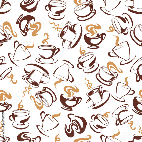 Fresh brewed coffee drinks background for cafe shop interior or textile design with brown seamless pattern of elegant porcelain cups of hot espresso, latte and macchiato beverages