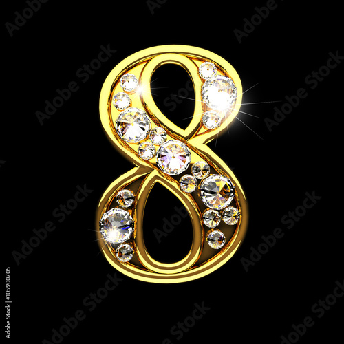 8 isolated golden letters with diamonds on black