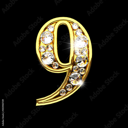 9 isolated golden letters with diamonds on black