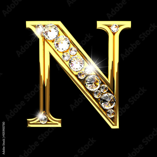 n isolated golden letters with diamonds on black