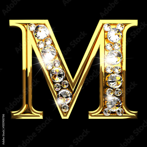 m isolated golden letters with diamonds on black