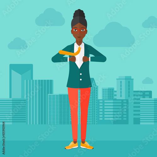 Business woman taking off jacket.