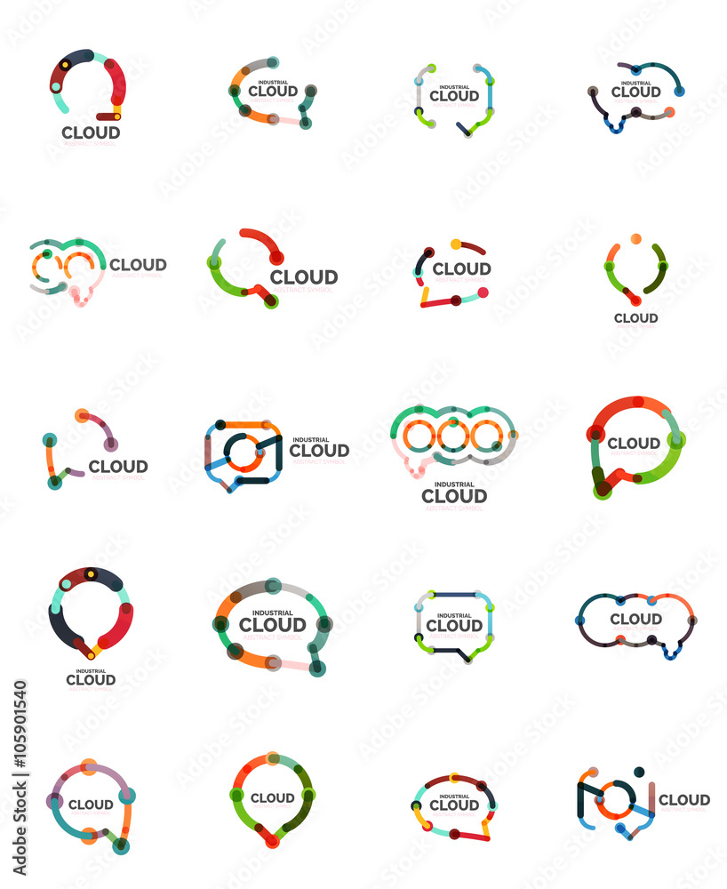 Set of flat linear design speech cloud logos. Talk bubbles, modern geometric industrial thin line icons