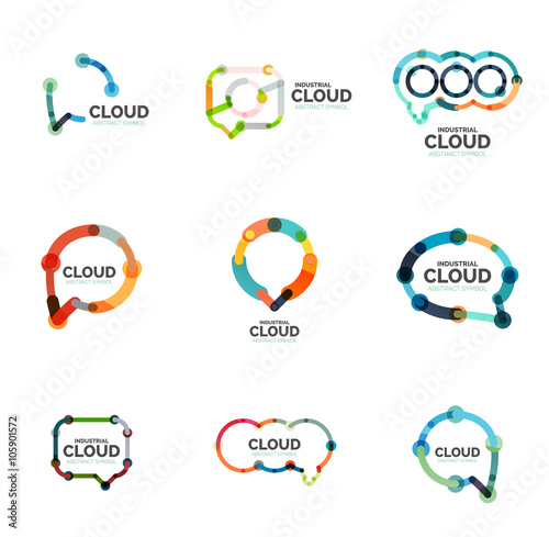Set of flat linear design speech cloud logos. Talk bubbles, modern geometric industrial thin line icons
