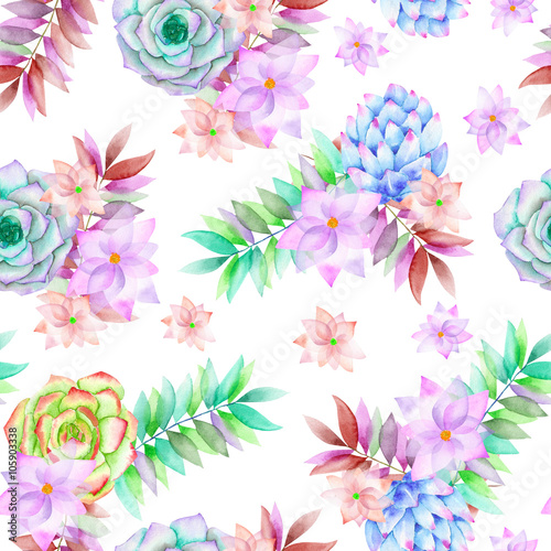 A seamless watercolor pattern with the succulents, flowers, leaves and branches, hand-drawn on a white background
