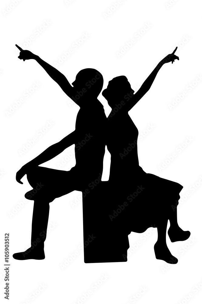 Young couple silhouette sits on the speaker and looks to different sides and shows by finger, thinking