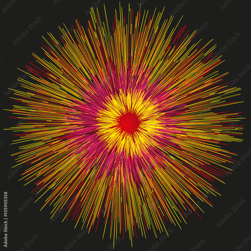 Illustration of bright lights and firework in the night flash yellow rays on black background
