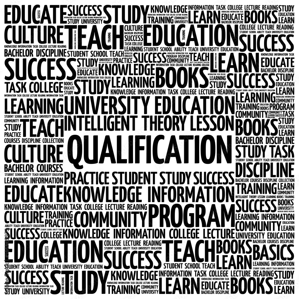 Qualification word cloud, education business concept background