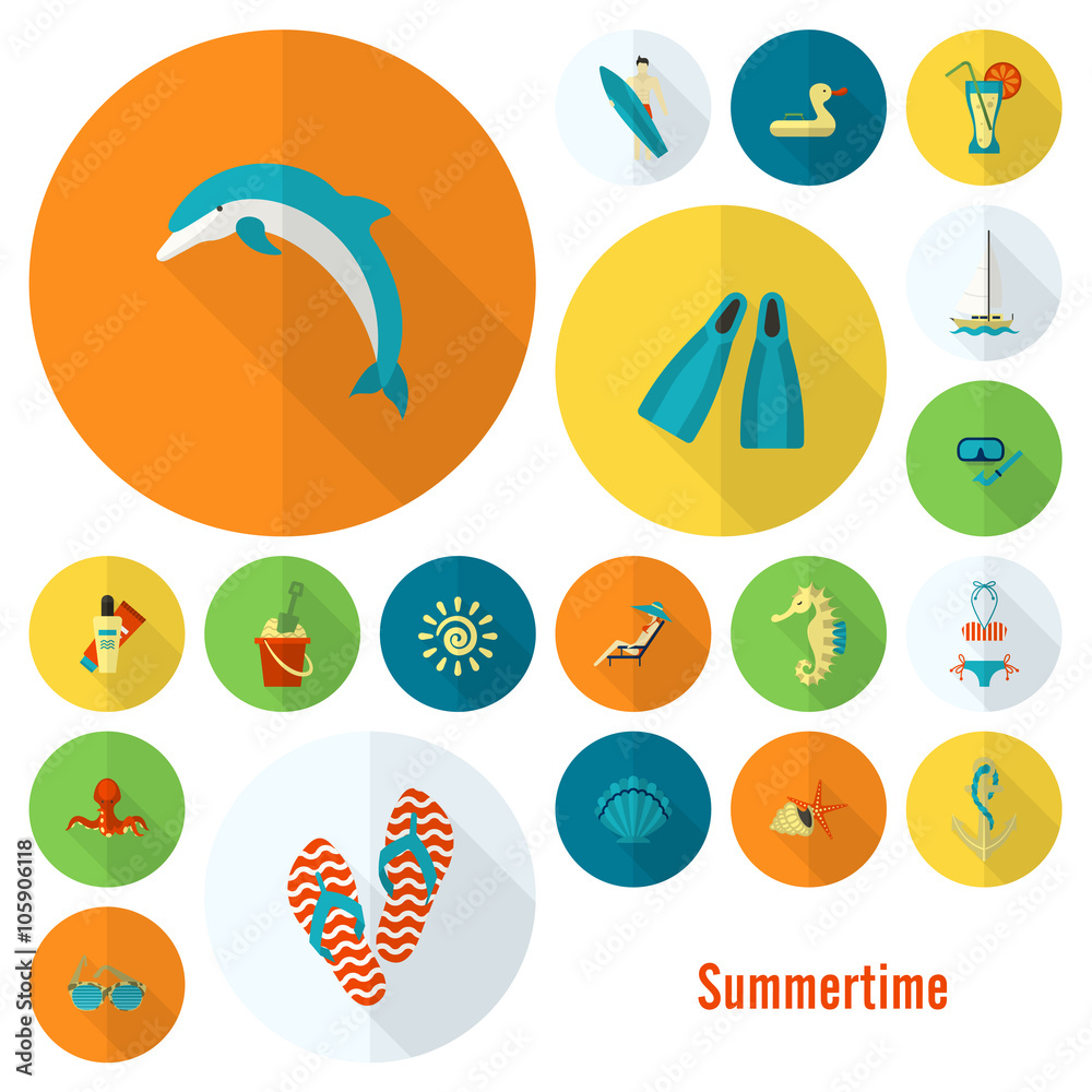 Fototapeta premium Summer and Beach Simple Flat Icons