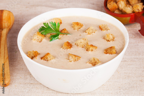 cream soup with croutons in a still life Russian style