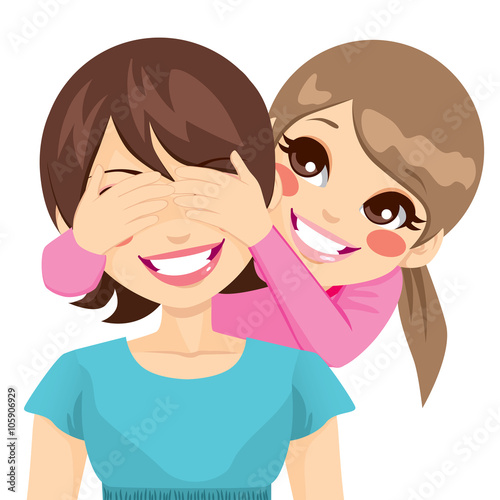 Little daughter smiling covering her happy mother eyes