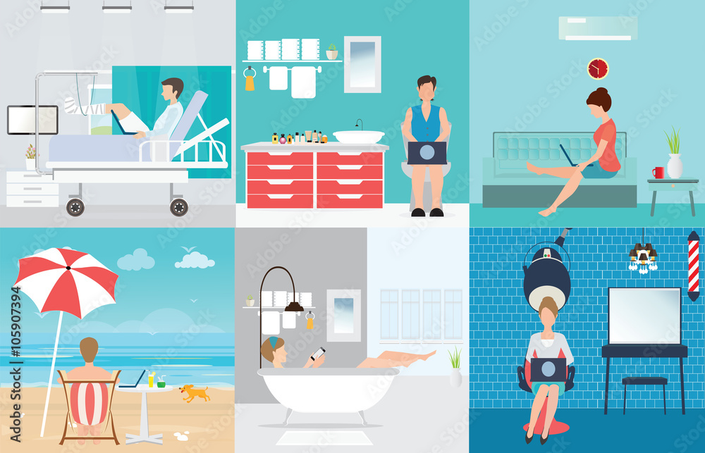 Freelance set with Various cartoon character design working at h Freelance set with Various cartoon character design working at h