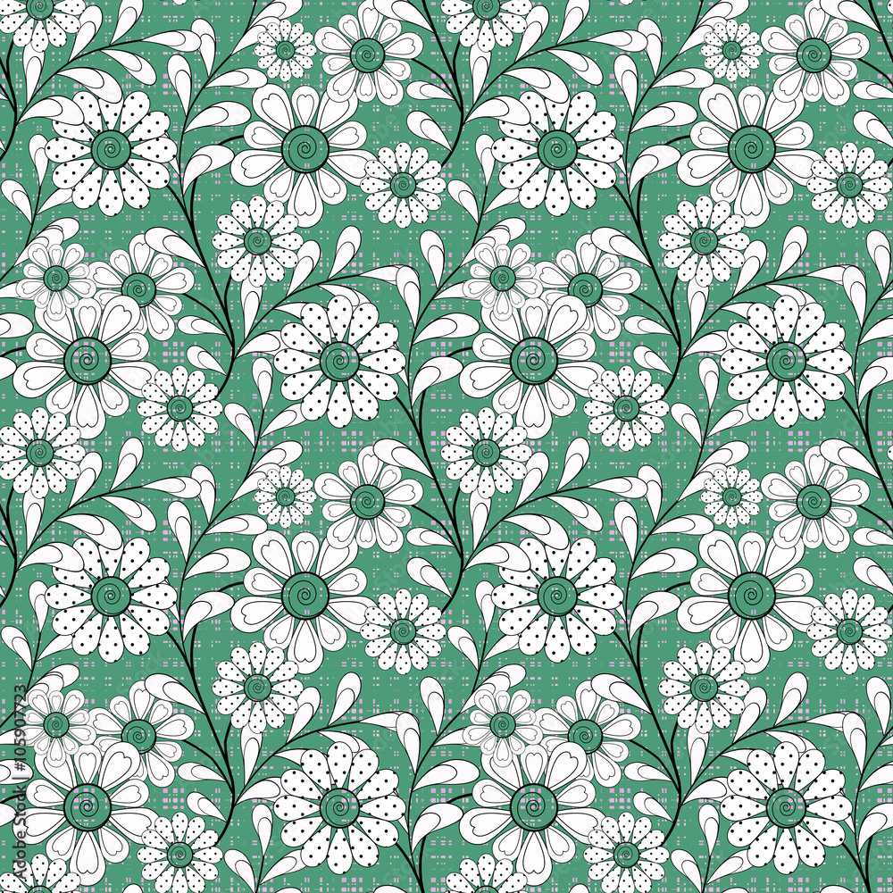 Floral seamless pattern in retro style, cute cartoon flowers green background