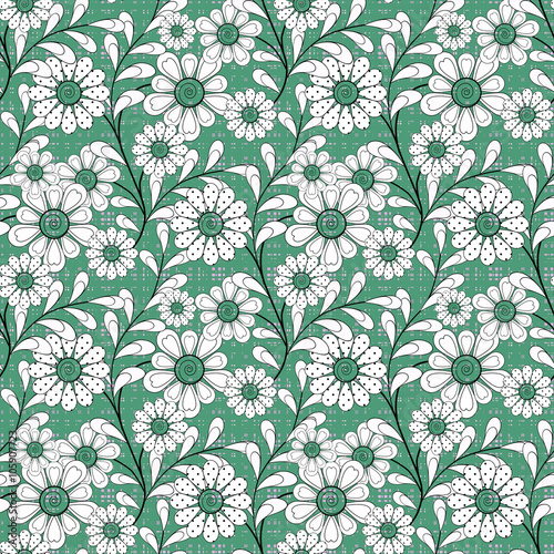 Floral seamless pattern in retro style, cute cartoon flowers green background