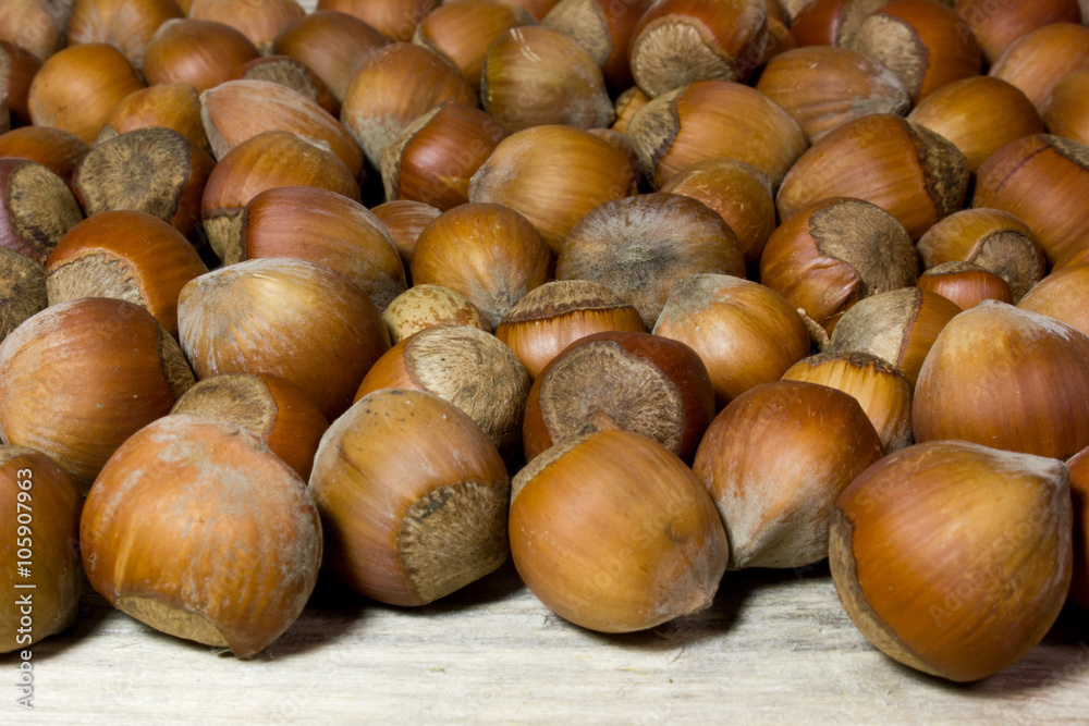 Hazelnut in shell on wooden background Hazelnut in shell on wooden background