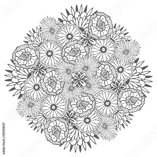 Unique vector mandala with flowers. Ornamental round floral zentangle for coloring book pages