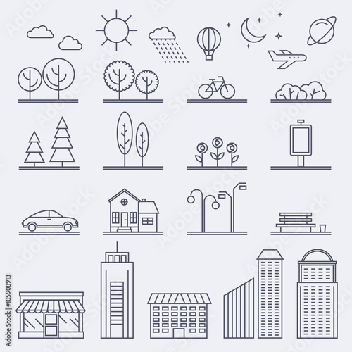 Vector city illustration in linear style. Icons and illustration