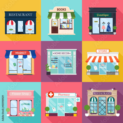 Cool set of vector detailed flat design restaurants and shops fa