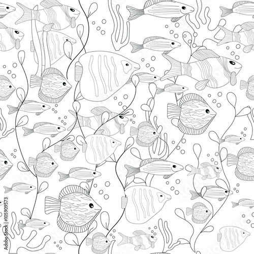 Hand drawn ink background with many fishes in the water.