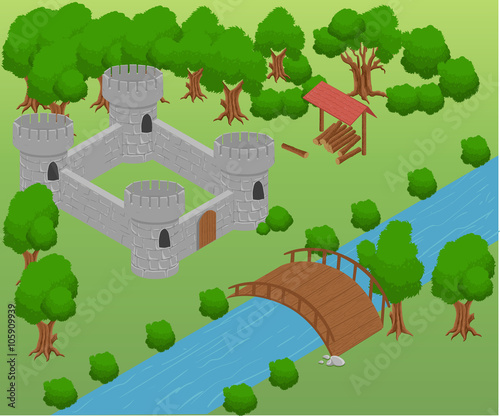 Isometric for game . Elements for game. strategy bridge castle