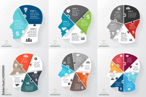 Vector brain puzzle infographic. Template for human head diagram, graph, presentation, face chart. Business idea concept with 3, 4, 5, 6, 7, 8 options, parts, steps or processes. Brainstorming.