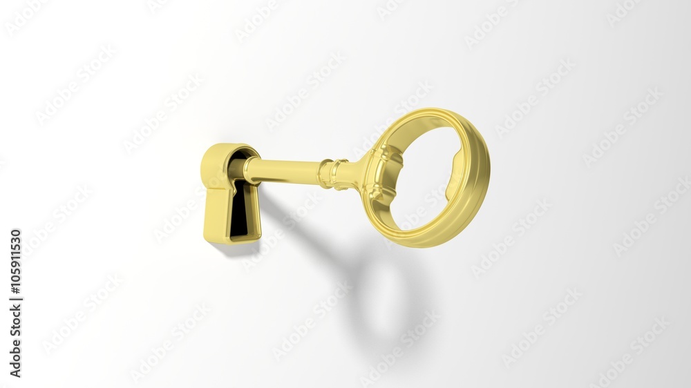 3D golden lock hole with retro key, isolated on white background. 3D golden lock hole with retro key, isolated on white background.