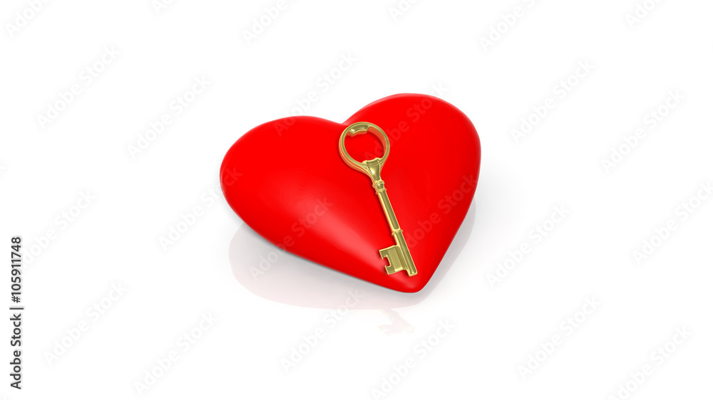 3D golden retro key on red heart symbol, isolated on white background. 3D golden retro key on red heart symbol, isolated on white background.