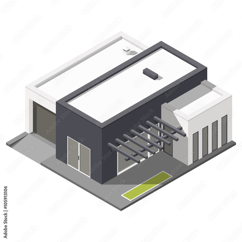 One-storey house with flat roof isometric icon set One-storey house with flat roof isometric icon set