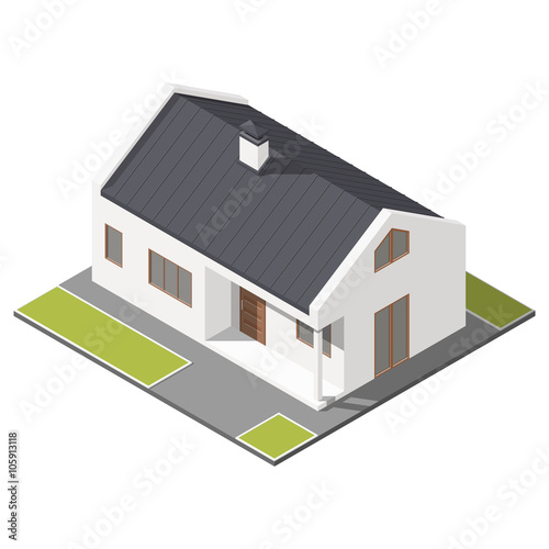 One-storey house with slant roof isometric icon set