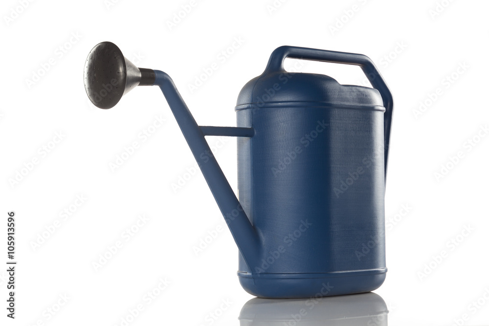 Blue plastic watering can on white background