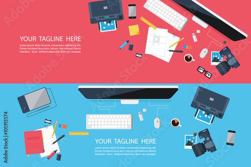 Flat designed banners for creative project, graphic design development, design agency, business. Top view of desk background.