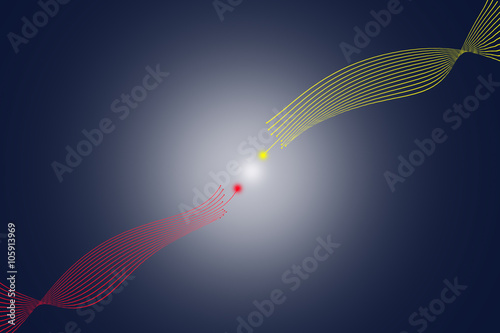Yellow and red lines with illuminated light at the center on gray background, communication concept photo