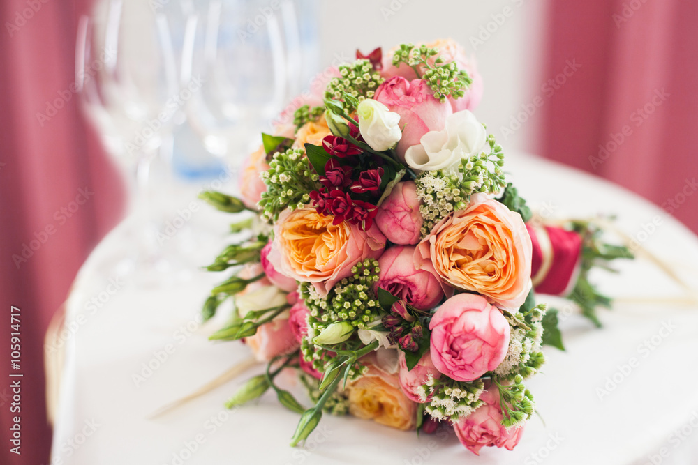 bridal bouquet of roses, buttercups and other flowers bridal bouquet of roses, buttercups and other flowers