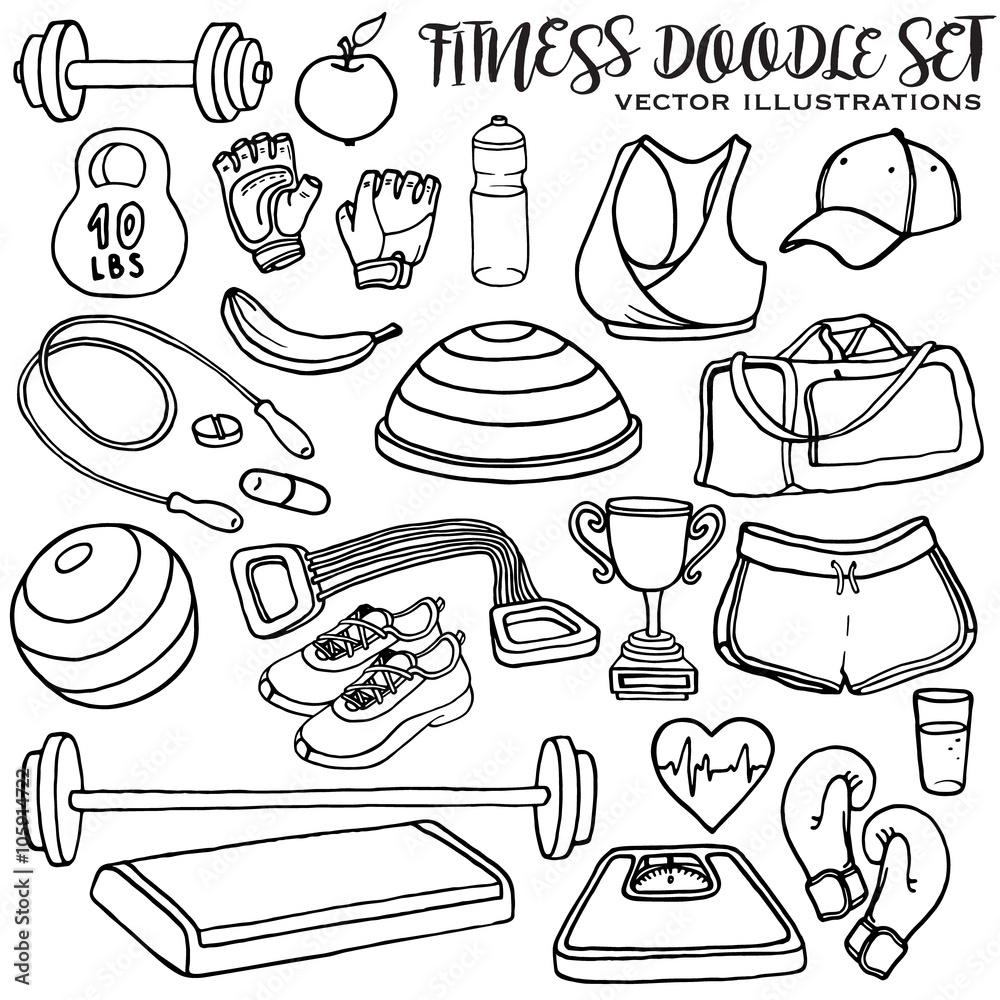 Hand drawn fitness doodle set. Vector illustrations
