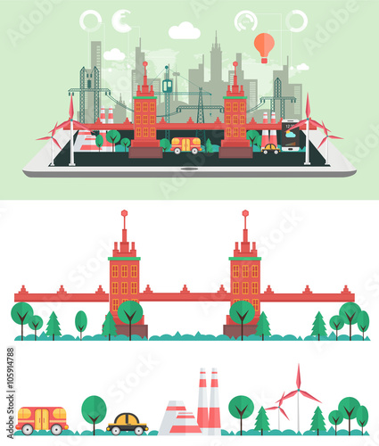 flat industrial communication with city buildings elements
